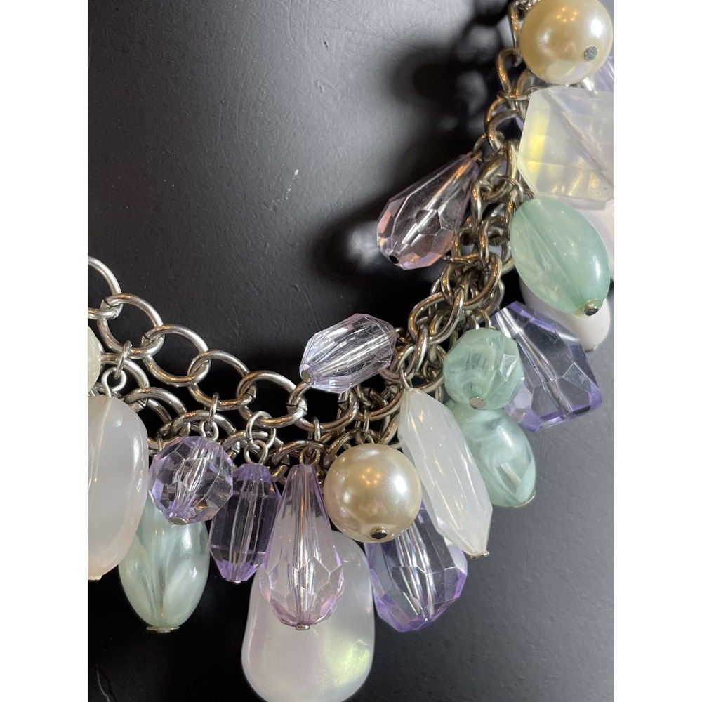 Pastel Beaded Statement Necklace Silver Chain Bib Seaglass Mermaid Y2K Chunky - Picture 10 of 10